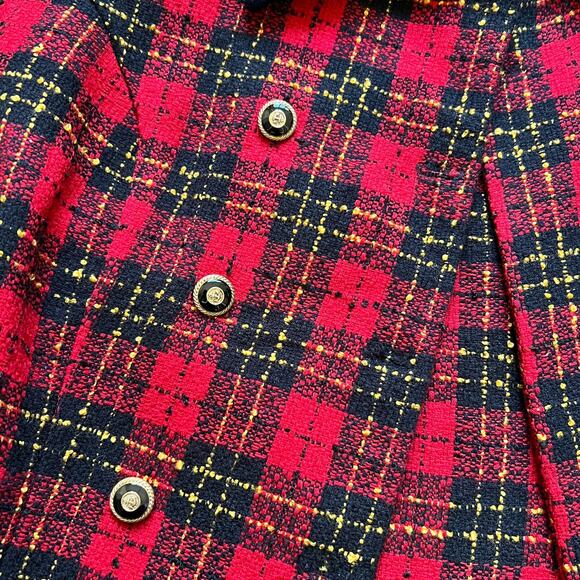 Vintage 90s Brioche Red Plaid Velvet Trim Double Breasted Textured Jacket M - Picture 4 of 6